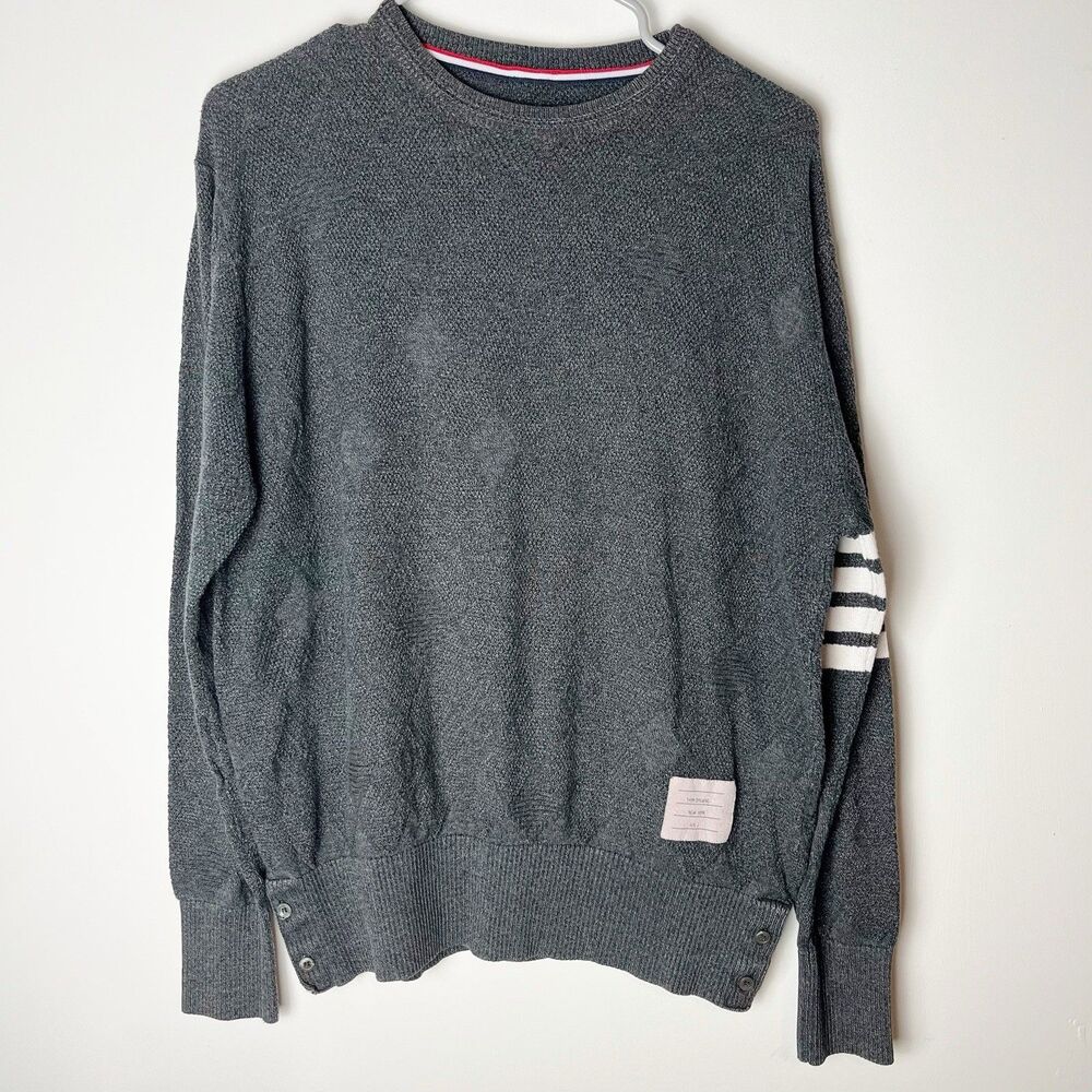 Thom Browne Men's Dark Gray Crewneck Sweater with White Arm Stripes